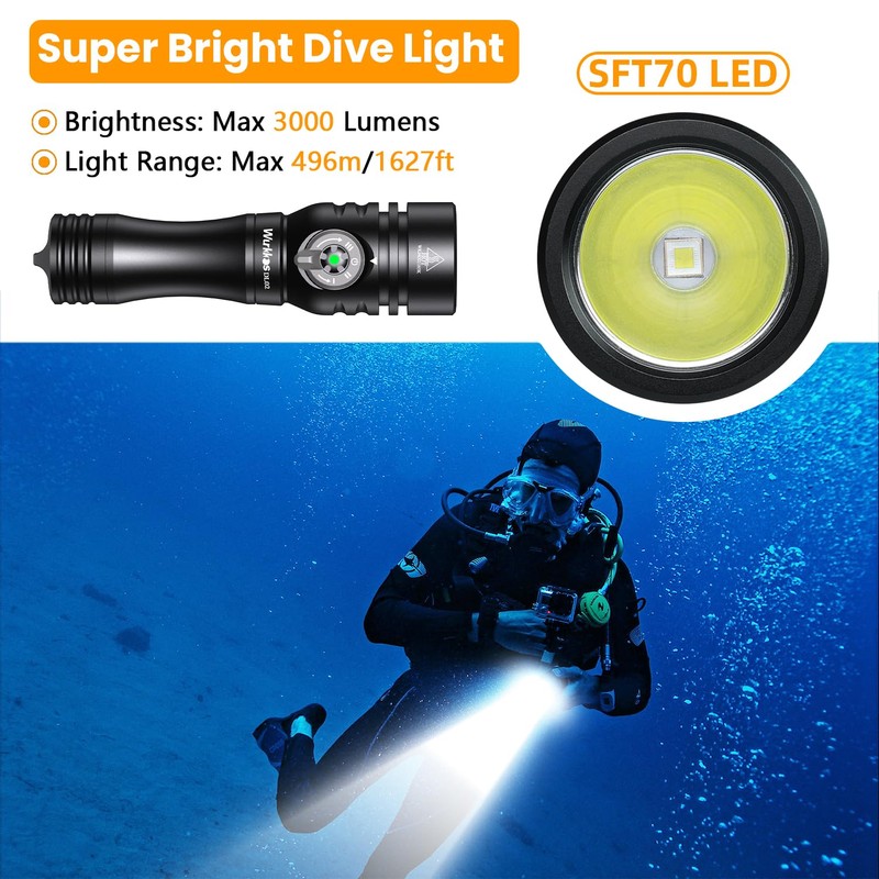 Wurkkos DL02 Dive Torch, Scuba Diving Flashlight Max 3000Lumen, 496M