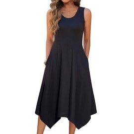 HOTOUCH Boho Midi Dresses for Women 2025 Petite Floral Summer Dress O Neck Sleeveless Tank T Shirt Dress Holiday Vocation Beach Sundress Black L