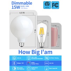 CRLight 5-inch 15W 4000K Neutral Opal G125 Large Globe LED Bulb - G40 Replacement, 85W Eqv 850LM with Smooth Dimming​, E26 5 Inch Oversize Coated Inside White Milky Glass Vintage Edison