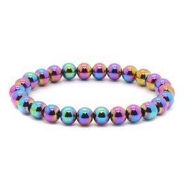 Justinstones Metallic Rainbow Coated Hematite 8mm Round Beads Stretch Bracelet 7 Inch Unisex