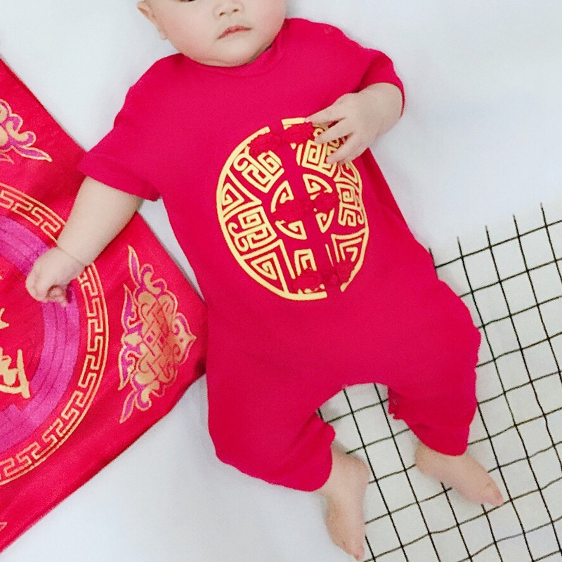 Chinese Style Infant Short Sleeve Embroidery Jumpsuit Cotton Breathable Baby