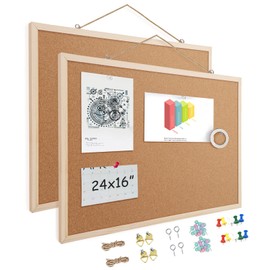 2 Pack 16” x 24” Cork Boards for Walls with Wooden Frame, Double Sided Office Board for Wall Organizer, Bulletins Board Decorative Hanging Pin Board for School, Home & Office, Memo Board