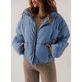 Dokotoo Winter Coats for Women Fashion Full Zipper Front Puffer Jacket Oversized Baggy Drop Shoulder Long Sleeve High Neck Quilted Padded Jackets Warm Windbreaker Outwear with Pockets Blue S