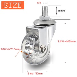 Stem Casters Set of 4, 2 Inch Caster Wheels for Furniture,M8 Crystal Clear Polyurethane Furniture Casters-Rolling Castors with 360 Degree Plate for Cabinet,Ottoman,Bench (2 inch,Swivel)