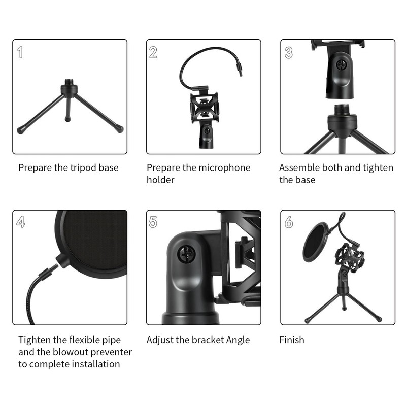 Desktop Microphone Tripod Stand Foldable Mic Stand with Shock Mount