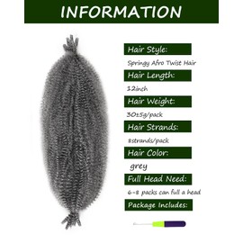 3 Packs Grey Springy Afro Twist Hair with Crochet Hook, 12 Inch Pre-Separated Marley Crochet Braiding Hair for Distressed Soft Locs, Synthetic Hair Extension for Women