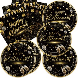 40pcs Retirement Party Decoration,include 20 dessert plate, 20 Napkin,Black Gold Disposable Tableware Used for Retirement Party Supplies