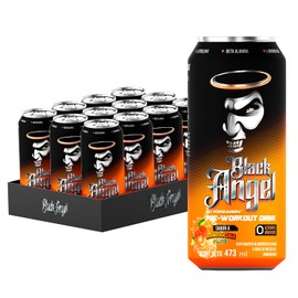FORZAGEN Bebida Energizante Pre-Entreno Carbonatada Black Angel, 12 Latas de 473 ml, Sabor Mandarina Punch, Sin Azúcar, con Cafeína, Beta Alanina, L  