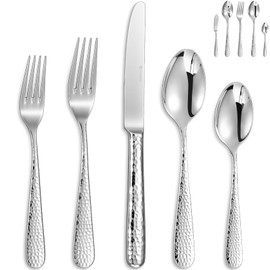 KEAWELL Premium 20/45/65 Piece Louise Hammered Silverware Set with Round Edge, 18/10 Stainless Steel, Service for 4/8/12, Fine Flatware Set, Dishwasher Safe (45)