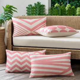 JOTOM Set of 4 Waterproof Outdoor Cushion Covers 40x60 cm Decorative Throw Pillow Covers 16x24 Inch Modern Geometric Decor Cushion Cases for Patio Garden Porch Bench Sofa Indoor Bed (Pink)