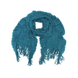 Teal Blue Textured Knit Light Scarf With Fringe