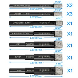 10pc Dry Diamond Drill Bits Set, Tile drill bits for Ceramic Porcelain Marble Granite Stone Glass, Integrated Coolant for Fast Dry Drilling, Round Shank, Size 3/16" 1/4" 5/16" 3/8" 1/2" 9/16" 5/8"