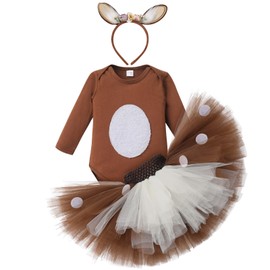 FYMNSI Baby Girl Christmas Outfit Reindeer Costume Cotton Bodysuit + Tutu Skirt + Headband 3-Piece Set, Brown - Long Sleeve