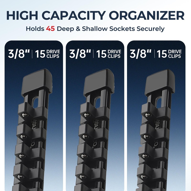 Reniteco 3-Piece Socket Organizer - 3/8-Inch Drive x 45 Clips,