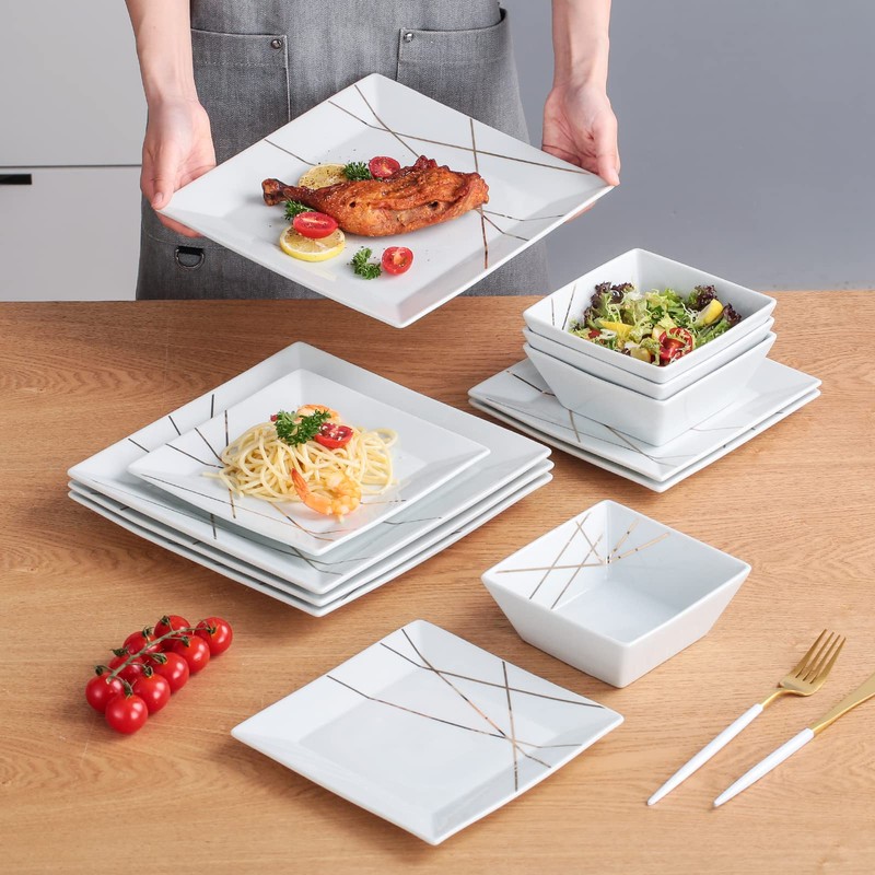 DOMINI 12-Piece Kitchen Dinnerware Set, Service for 4, Porcelain Dishes