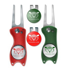 VISUALIZE Premium Golf Divot Repair Tool Kits with Ball Marker- Favorite Golf Gift Sets - Anodized Aluminum Switchblade-Style - Premium Feel & Durability (Christmas)