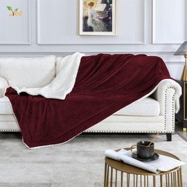 VED Sherpa Fleece Throw Blanket - Fluffy Microfiber Blanket for Bed and Couch Double/Twin Size, 130 x 160 cm (Burgundy)