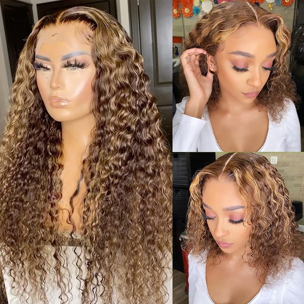 CYNOSURE Ombre Highlight Lace Front Wigs Human Hair Colored 180% Density Curly Honey Blonde Wig Colored Human Hair 13X4 Lace Frontal Wigs Pre Plucked Hairline (20 Inch, Highlight)