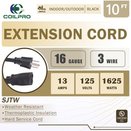 CoilPro 10FT Outdoor Lightweight Extension Cord-16/3 SJTW Durable Extension Cable with 3 Prong Suitable for Gardens