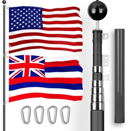 G128 Combo Pack: 25 Ft Telescoping Aluminum Flagpole (Black) & American and Hawaii Flags 3x5 Ft, Both ToughWeave Series Embroidered Polyester | Pole with Flags Included
