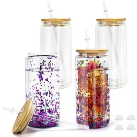 4 Pack Acrylic Snow Globe Tumbler, 20oz Snowglobe Cups with Pre Drilled Hole, Double Wall Plastic Cups Blanks with Bamboo Lid and Plastic Straw, Glitter Snow Globe Cup for DIY Gift