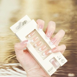 Press On Nails - Almond False Nails - Gold Line Design French Pointed False Nails - Stick On Nails - Glossy Full Coverage Stick On Nails - Suitable for Ladies Manicure 24Pcs (French, white1)