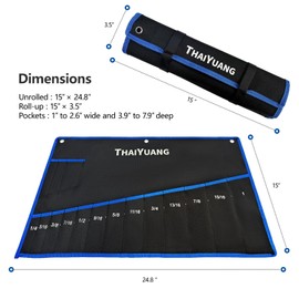 THAIYUANG 2-Pieces Tool Bag Durable Oxford Canvas Wrench Set Roll Pouches, Multi-Purpose Roll Up Tool Bag with Strap 12pockets metric+13pockets SAE (Not Including Tools)