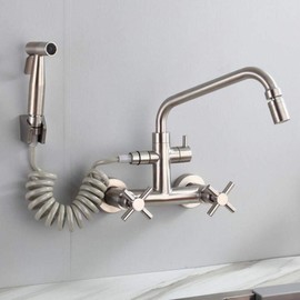 Wall Mount Kitchen faucets, Pull-Out Spray Gun, 304 Stainless Steel, Two Handle Kitchen in-Wall,hot Water Sink, Sink, Laundry Pool-Seven-Word Tube Double Water(Seven-character tube single water)