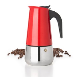 Mixpresso Red 6 Cup Greca Stovetop Espresso Pot 300ml/10oz, Moka Pot with Coffee Percolator Design, Stainless Steel Stove Top Coffee Maker for Camping or Home Use,Italian Stovetop Espresso Maker