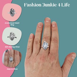 FashionJunkie4Life Anatomical Heart Ring - 925 Sterling Silver, Sizes 6-10, Lifelike Real Heart (10)