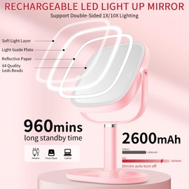Lighted Makeup Mirror, 2600mAh Rechargeable 1x/10x Magnifying Vanity Mirror, 8.5" Height Adjustable Makeup Mirror with Lights 3 Color, 360° Rotation 2-Sided Light up Large Desk Mirror - Pink