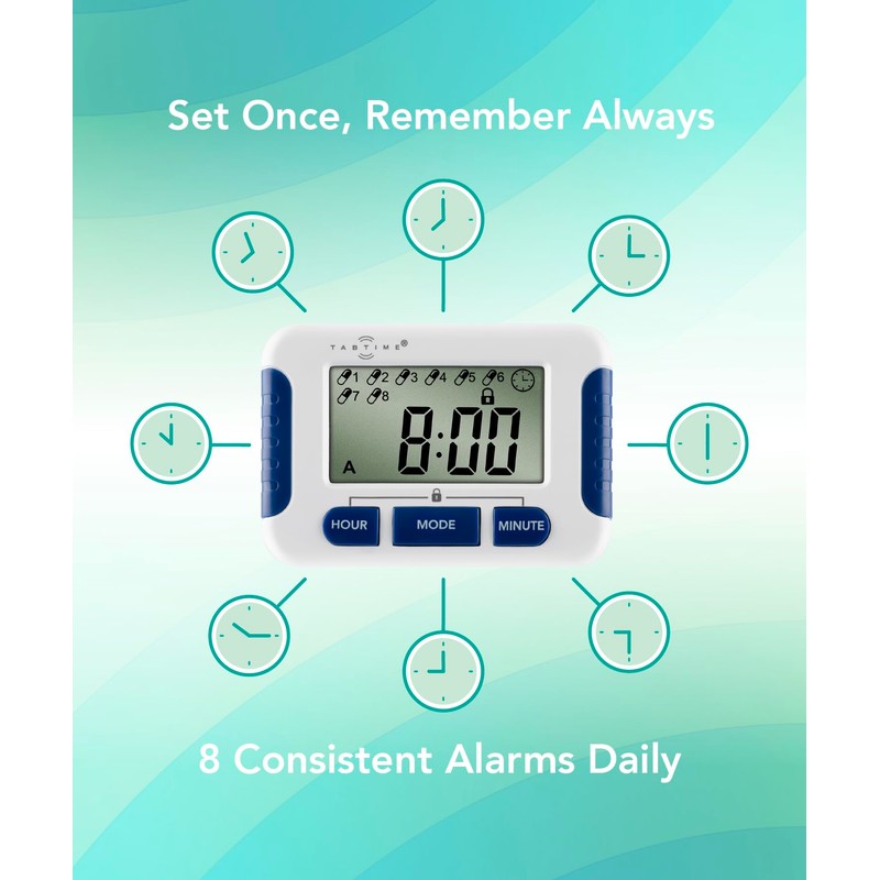 TabTime Pill Reminder with 8 Alarms per Day, Pill Tracker,
