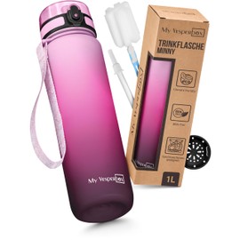 My Vesperbox Minny Children's Leak-Proof Water Bottle, with Straw or Strainer, 1 L, Lightweight Tritan Water Bottle, BPA-Free, for Nursery, School, Pink Gradient, 1 L