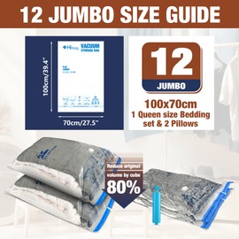 12 Jumbo Vacuum Storage Bags for Bedding, Vacuum Seal Bags for Clothing