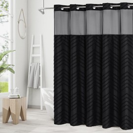 Craidlela No Hooks Extra Long Shower Curtain with Snap-in Liner, Black Fabric Tufted Striped Textured Shower Curtain, Large Modern Farmhouse Curtain for Bathroom, 72 x 86