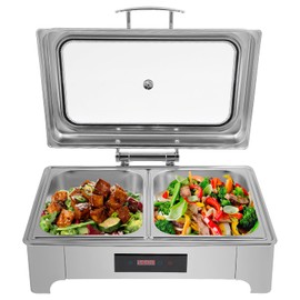 Electric Chafing Dish Buffet Set, 400W 2.38Gal/9L Stainless Steel Food Warmer with Touch Control, 2 Trays & Clear Lid for Buffet, Parties, Catering, Home & Commercial