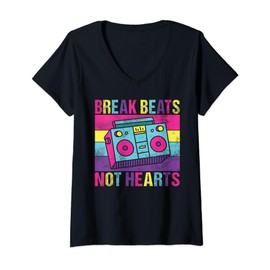 Womens Break Beats Not Hearts 90s Hip Hop V-Neck T-Shirt