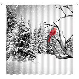 GCTNBJL Winter Christmas Shower Curtain Nature Gray Tree Forest Red Bird Snowflake Snowy Day Merry Christmas Winter Holiday Seasonal Festival Scenery Bathroom Decor Fabric Curtain with Hooks