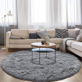 FlyDOIT Grey Round Rug for Bedroom, Super Fluffy Circle Rugs for Baby Nursery, 4'X4' Feet Furry Carpet for Children Kids Room, Cute Soft Shaggy Rug for Girls Home Decor, Fuzzy Plush Carpets for Dorm