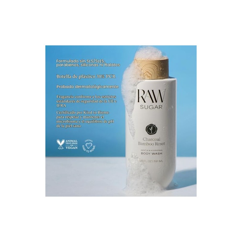 RAW SUGAR, Body Wash Charcoal Bamboo Reset, Gel de Baño,