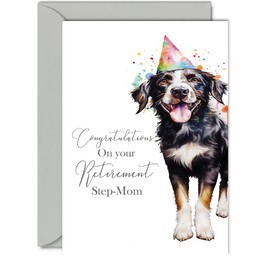 Retirement Card for Step Mom - Party Dog - Leaving Cards for Step Mom from Step Son Step Daughter, Congratulations on your Retirement, A5 Happy Retirement Card Greeting Cards