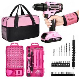 Pink Cordless Drill Set 142 Pcs, 21V Pink Power Drill Tool Set Kit with Storage Bag, Electric Drill Set for Women, Precision Screwdriver set, Magnetic Wristband, for Home DIY Projects