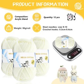 Pack of 12 Crochet Yarn, 12 x 50 g Crochet Yarn, Hand Knitting Yarn for Beginners, Cotton Baby Wool for Crochet and Knitting Project, Cotton Crochet Yarn (Cream)