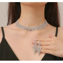 Unbranded Luxurious Full Diamond Collar Bone Necklace Earrings Set Gold or silver