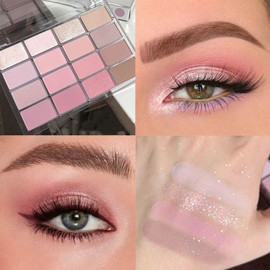 Pink Eyeshadow Palette Make-Up Palettes, Brown Shimmer Eye Shadow Pallets for Women, Cool Girl Matte Make Up, Glitter Eyeshadows 16 Colour Nude Natural, Waterproof Long Lasting Highly Pigmented
