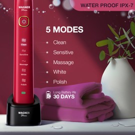 Wagner Stern The Ruby Red Edition ultrasonic whitening Electric Toothbrush Features Five Brushing Modes, Eight Soft Brush Heads, and a Premium Travel case.