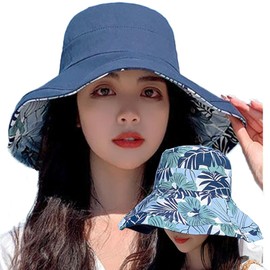 [saliwind] 帽子 レディース 日焼け防止 UVカット リバーシブルハット 日よけ帽子 ハット 夏 紐付き コットン つば広 小顔効果 56-58cm 旅行 通勤 春夏 おしゃれ hat01(葉,ネイビー)