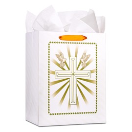FaCraft 13" First Communion Gift Bag for Boys Girls-Large Religious Confirmation Baptism Gift Bag with Tissue Paper Christenings Wedding Bags,Cross Wrapping Paper Gifts Bags for Kids