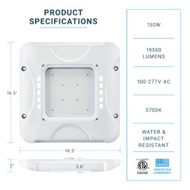 Parmida LED Canopy Light, 150W, 0-10V Dimmable, 100-277VAC, IP65 Waterproof, ETL, Shop Light, 5700K, 16.5" x 16.5", Gas Station, Warehouse, Garage, Street, Area & Outdoor Lighting, Commercial Grade