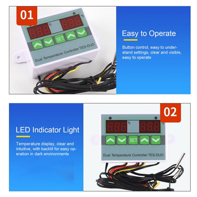 Dual Temperature Controller Waterproof Digital Thermostat with Data Storage for